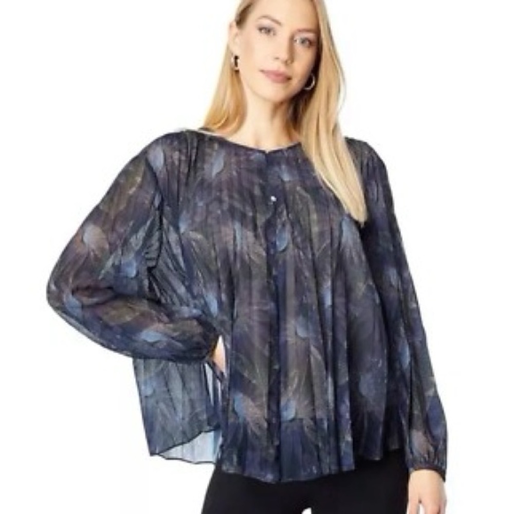 Vince Women's Deco Floral Pleated Blouse Top Oversized Boxy Medium Blue